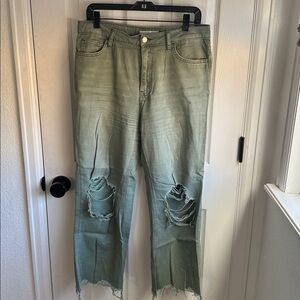 Verve Wide Leg Distressed Cropped Denim Olive Jeans 100% Cotton Size 29